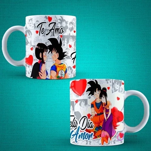 Tazas de sublimación con diseños de Goku y Chichi de Dragon Ball para el Día del Amor, incluyendo las frases 'Te Amo' y 'Feliz Día Amor'.