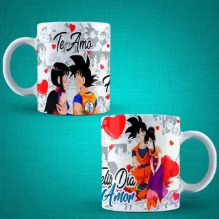 Tazas de sublimación con diseños de Goku y Chichi de Dragon Ball para el Día del Amor, incluyendo las frases 'Te Amo' y 'Feliz Día Amor'.