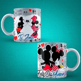 Tazas de sublimación Día del Amor con diseño de Mickey y Minnie Mouse besándose y en silueta, con textos 'Te Amo' y 'Feliz Día Amor'.