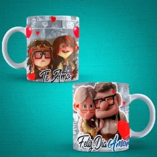 Tazas de sublimación con diseño de Carl y Ellie de Up, en su juventud y adultez, para el Día del Amor, con mensajes 'Te Amo' y 'Feliz Día Amor'.