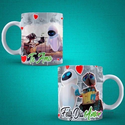 Tazas de sublimación para el Día del Amor con los personajes WALL-E y EVE, incluyendo textos 'Te Amo' y 'Feliz Día Amor'.