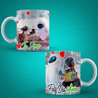 Tazas de sublimación para el Día del Amor con los personajes WALL-E y EVE, incluyendo textos 'Te Amo' y 'Feliz Día Amor'.