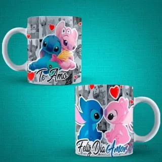 Tazas de sublimación románticas con Stitch y Angel para el Día del Amor, mostrando las frases 'Te Amo' y 'Feliz Día Amor'.