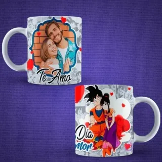 Tazas de sublimación Día del Amor con foto de pareja real 'Te Amo' y diseño de Goku y Chichi de Dragon Ball 'Día Amor'.