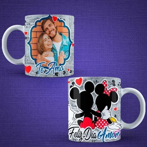 Tazas de sublimación Día del Amor con foto de pareja real 'Te Amo' y diseño de Mickey y Minnie Mouse 'Feliz Día Amor'.