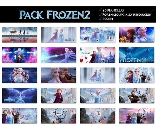 Collage de 20 diseños para sublimación de tazas infantiles con temática de Frozen 2, mostrando a los personajes Elsa, Anna, Olaf, Kristoff y Sven en diversas escenas mágicas y de aventura. Se visualizan detalles como el formato JPG de alta resolución y 300 DPI.