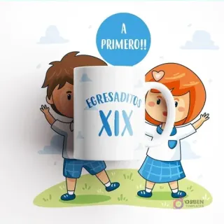 Taza de sublimación para egresaditos con diseño de niño y niña en uniforme escolar y texto 'A PRIMERO!!'.