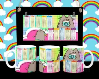 Diseño de tabla de multiplicar con gato Pusheen unicornio y cámara en taza sublimada