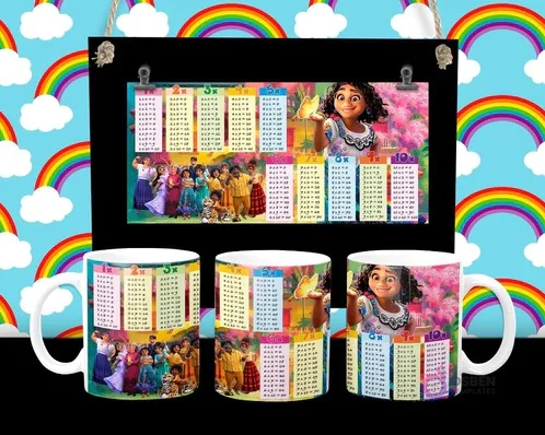 Diseño de tabla de multiplicar con Mirabel y personajes de Encanto Disney en tazas sublimadas