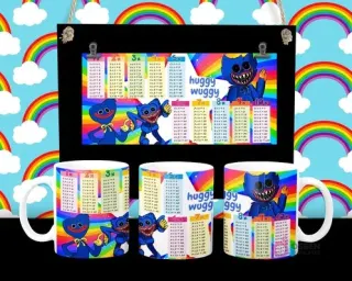 Diseño de tabla de multiplicar con Huggy Wuggy azul de Poppy Playtime en tazas sublimadas
