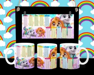 Diseño de tabla de multiplicar con Everest y Skye de Paw Patrol en tazas sublimadas
