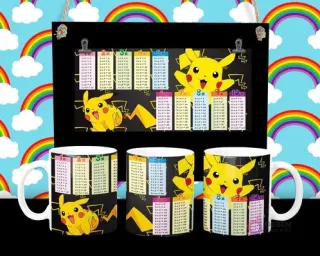 Diseño de tabla de multiplicar con Pikachu y rayos eléctricos en tazas sublimadas