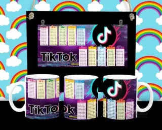 Diseño de tabla de multiplicar con logo y estética de TikTok en tazas sublimadas