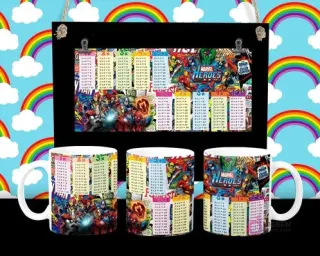 Diseño de tabla de multiplicar con Capitán América, Spiderman y otros héroes Marvel en tazas sublimadas