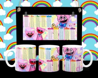 Diseño de tabla de multiplicar con Kissy Missy rosa de Poppy Playtime en tazas sublimadas