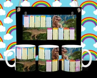 Diseño de tabla de multiplicar con Tyrannosaurus Rex y paisaje jurásico en tazas sublimadas