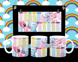 Diseño de tabla de multiplicar con Stitch y Angel de Disney en tazas sublimadas