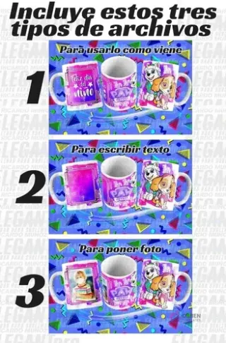 Panel explicativo sobre los tres tipos de archivos incluidos: Plantillas para usar tal cual, plantillas para añadir texto y plantillas con espacio para foto, ilustrado con diseños de Feliz Día del Niño y Paw Patrol.