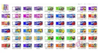 Miniaturas en cuadrícula mostrando la variedad de las 20 plantillas incluidas, con temas como Fortnite, Free Fire, Ladybug, Mikecrack, One Piece, Roblox y Sonic, incluyendo versiones para foto y texto.
