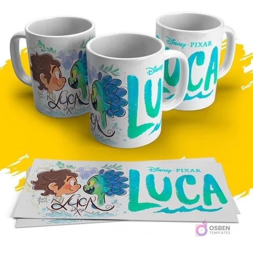 Tres tazas blancas con diseño caricaturesco de Luca (humano) y Alberto (monstruo marino) de Disney Pixar, con el logo. Abajo, dos hojas con el mismo diseño.