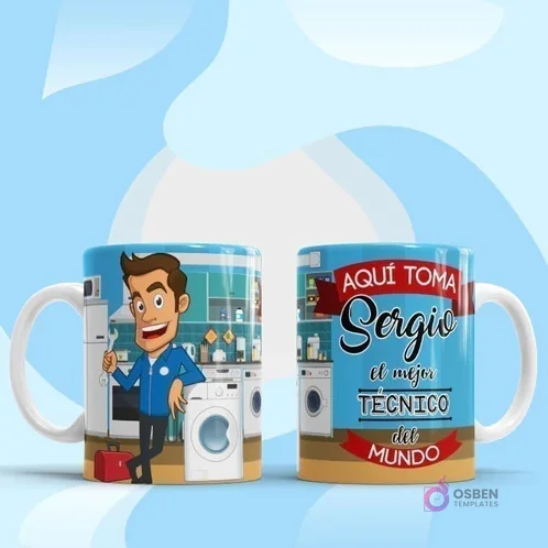 Taza personalizada para 'Sergio el mejor Técnico del mundo', mostrando un técnico sonriente con herramientas y electrodomésticos, con fondo azul claro y nubes.