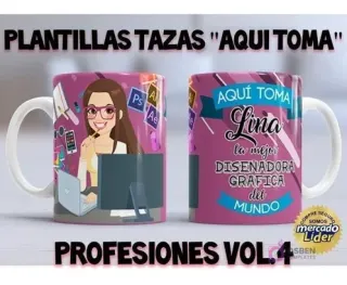 Taza personalizada para 'Lina la mejor Diseñadora Gráfica del mundo', con una diseñadora en su escritorio y elementos de diseño, sobre un fondo morado, con texto "Plantillas Tazas 'Aquí Toma' Profesiones Vol. 4".