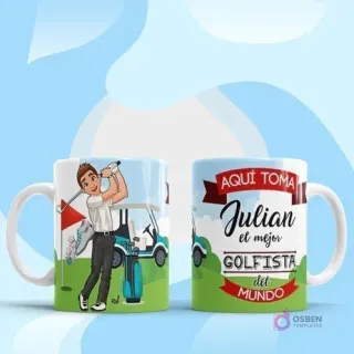 Taza personalizada para 'Julian el mejor Golfista del mundo', con un golfista en un campo de golf con su carro, sobre un fondo azul claro con nubes.