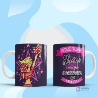 Taza personalizada para 'Luisa la mejor Porrista del mundo', con una porrista celebrando con pompones sobre un fondo morado estrellado y fondo azul claro con nubes.