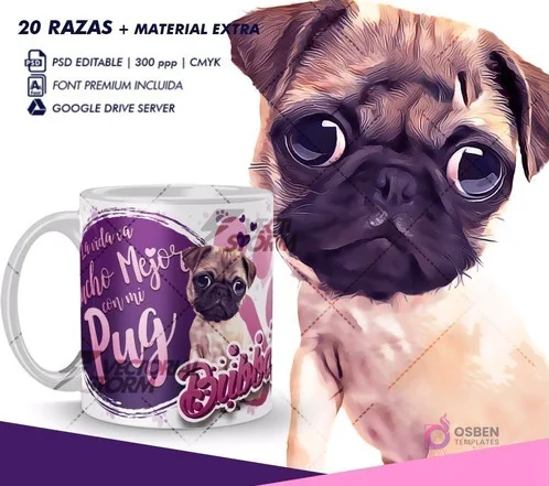 Taza sublimada con diseño de cachorro Pug y frase 'La vida va mucho mejor con mi Pug', junto a una ilustración detallada de un Pug en un fondo morado y rosa