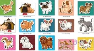 Miniaturas de diseños individuales de perros de diferentes razas, incluyendo Golden Retriever, Pug, Pomerania, French Bulldog y Chihuahua, algunos con casa de perro, en formato sticker