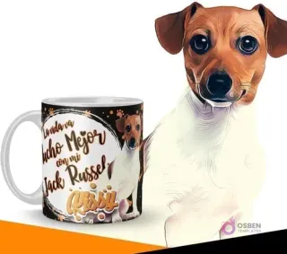 Taza personalizada con diseño de cachorro Jack Russell y frase 'La vida va mucho mejor con mi Jack Russel Rissij', acompañada de una ilustración de un Jack Russell en un fondo oscuro