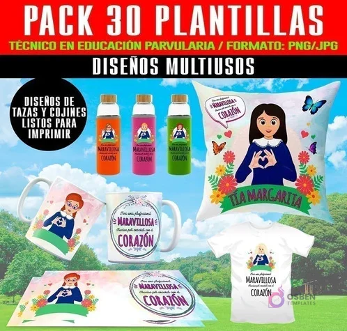 Pack de 120 diseños sublimables para educadoras de párvulos, mostrando tazas, cojines, botellas y poleras con ilustraciones de maestras y frases de agradecimiento.