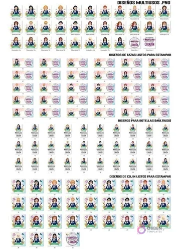 Mosaico de 120 diseños de sublimación para técnico parvularia, incluyendo variaciones de ilustraciones de educadoras y textos de agradecimiento para tazas, cojines y botellas.