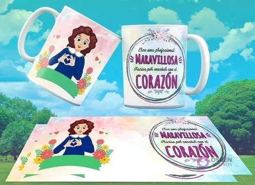 Dos tazas de sublimación con diseños de educadoras de párvulos, una con ilustración de maestra y otra con frase 'Eres una profesional maravillosa, gracias por enseñar con el corazón', y una plantilla impresa.