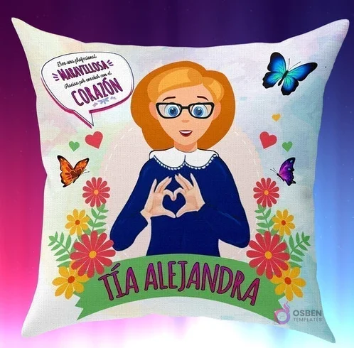 Cojín sublimado con diseño de educadora de párvulos, mostrando una maestra con gafas, mariposas y la frase 'Eres una profesional maravillosa, gracias por enseñar con el corazón, Tía Alejandra'.