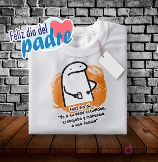 Diseño Flork para polera Día del Padre con brazos cruzados, frase 'Yo a tu edad estudiaba, trabajaba y mantenía a una familia'