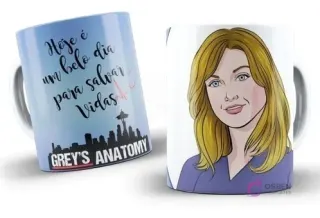 Taza de sublimación con diseño de Grey's Anatomy, frase "Hoje é um belo dia para salvar vidas" y personaje Meredith Grey ilustrada