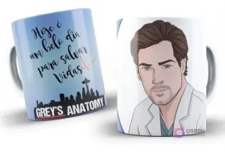 Taza de sublimación con diseño de Grey's Anatomy, frase "Hoje é um belo dia para salvar vidas" y personaje Derek Shepherd ilustrado