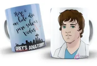 Taza de sublimación con diseño de Grey's Anatomy, frase "Hoje é um belo dia para salvar vidas" y personaje George O'Malley ilustrado