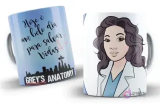 Taza de sublimación con diseño de Grey's Anatomy, frase "Hoje é um belo dia para salvar vidas" y personaje Cristina Yang ilustrada