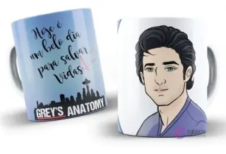 Taza de sublimación con diseño de Grey's Anatomy, frase "Hoje é um belo dia para salvar vidas" y personaje Mark Sloan ilustrado