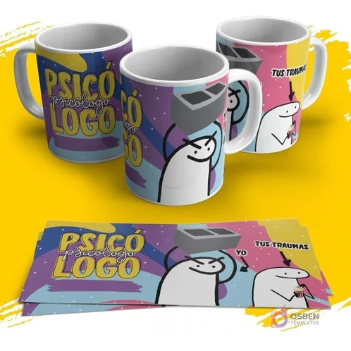 Taza sublimada Flork psicólogo con frase humorística 'Tus Traumas' y personaje Flork sosteniendo un ladrillo, sobre fondo morado y azul.