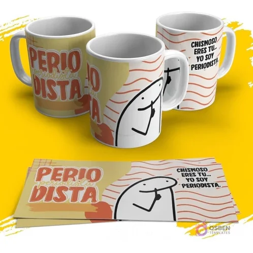 Plantilla sublimación taza Flork periodista con frase ingeniosa 'Chismoso eres tú... Yo soy periodista' y Flork señalando, fondo ocre y salmón.