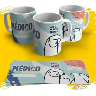 Tazas sublimadas Flork médico con frase 'Aquí está tu receta. ¡Mejoras!' y personaje Flork ofreciendo una receta, sobre fondo azul claro y rojo.