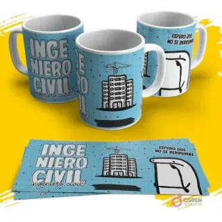Plantilla para taza Flork ingeniero civil con diseño de edificio y frase 'Espero que no se derrumbe', Flork preocupado, fondo azul y blanco cuadriculado.
