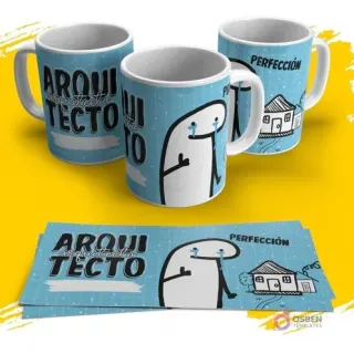 Diseño de taza Flork arquitecto con casa dibujada y Flork llorando humorísticamente por la 'Perfección', fondo azul cielo con cuadrícula.