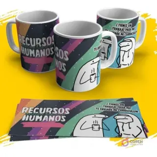Taza sublimada Flork recursos humanos con diseño que dice '¿Tienes un trabajo para mí? Te enviaré mi currículum' y Flork con taza de café, fondo multicolor con líneas diagonales.