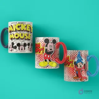 Tres tazas sublimadas con diseños clásicos de Mickey Mouse: una con múltiples caras de Mickey, otra con Mickey diciendo 'Oh Boy!', y una con Mickey hechicero de Fantasía, todas sobre fondo turquesa vibrante.