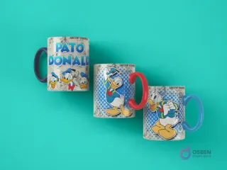 Tres tazas sublimadas con diseños clásicos del Pato Donald: una con el nombre 'Pato Donald' y sus sobrinos, otra con Donald saliendo de un recuadro y una tercera con Donald en una expresión de sorpresa, todas sobre un fondo turquesa.