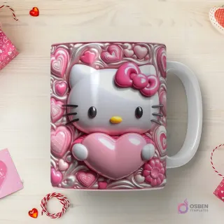 Taza sublimada con Hello Kitty 3D en relieve con corazón rosa rodeada de patrones de corazones brillantes y espirales en tonos pastel.